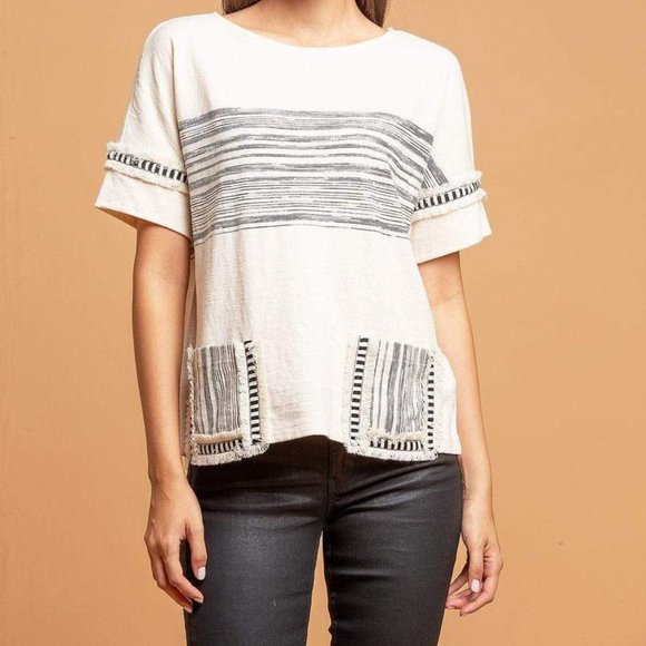 Eva Franco White TShirt Black White Stripes with Pocket Size Small - Picture 1 of 7